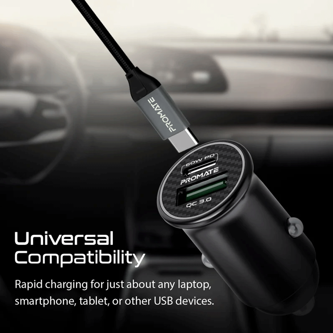 Promate 60W USB-C Car Charger, Super-Fast Type-C Power Delivery Car Ch