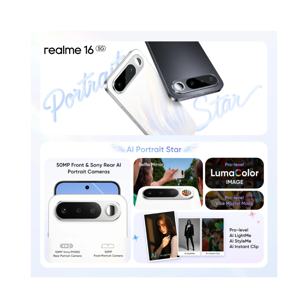 Realme 16 5G | 6.57 inches AMOLED Display 4200nit Peak Brightness | MediaTek Dimensity 6400 Turbo | 50MP Main Camera | 50MP Front Camera | 7000mAh Battery | IP69 Pro Water  Resistance