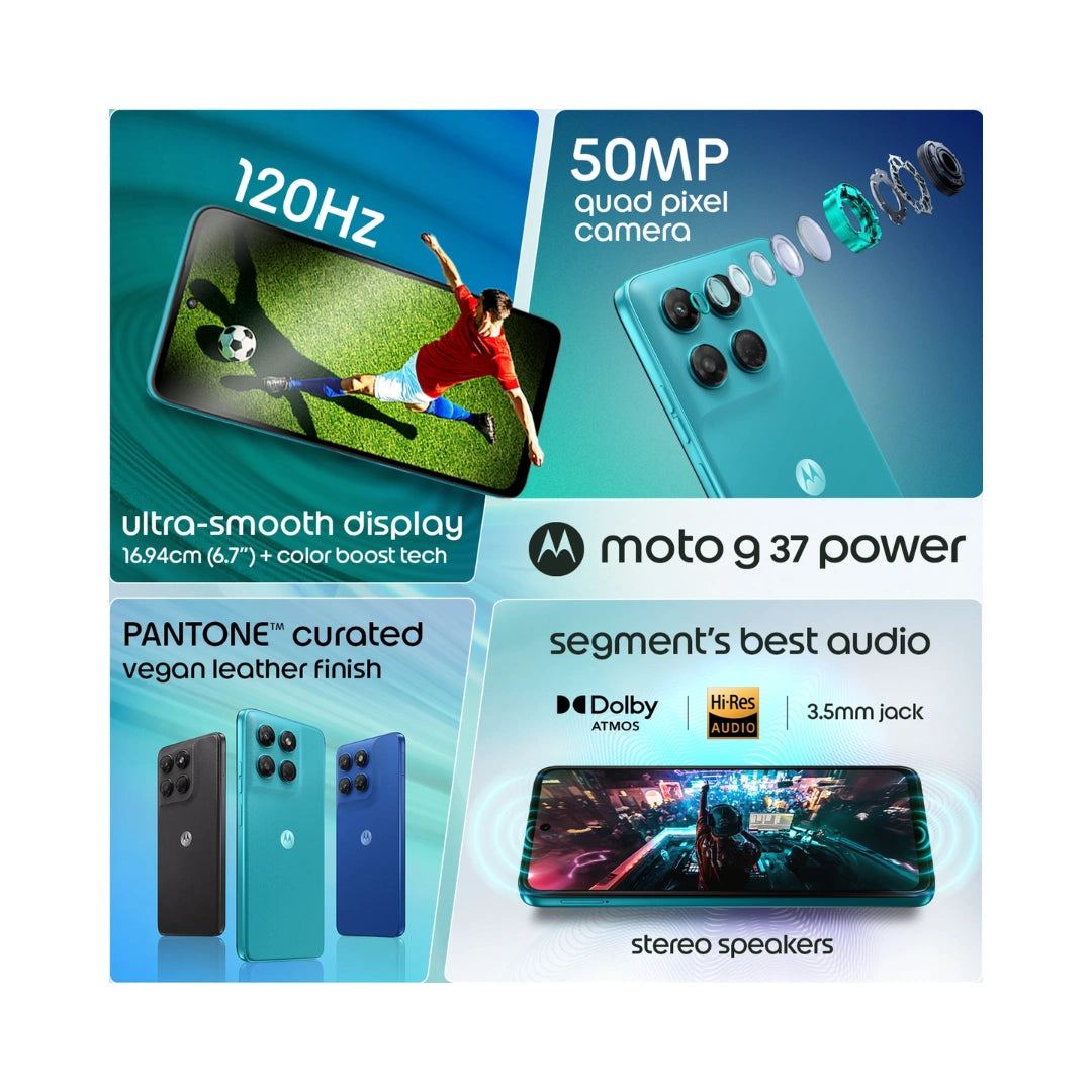 Moto G37 Power | 6.67 inch Display | MediaTek Dimensity 6400 | Dolby Atmos® Hi-Res Audio | 50MP Rear Camera | 8MP Front Camera | 7000mAh Battery | IP64 Water Resistance | Corning® Gorilla® Glass 7i Protection