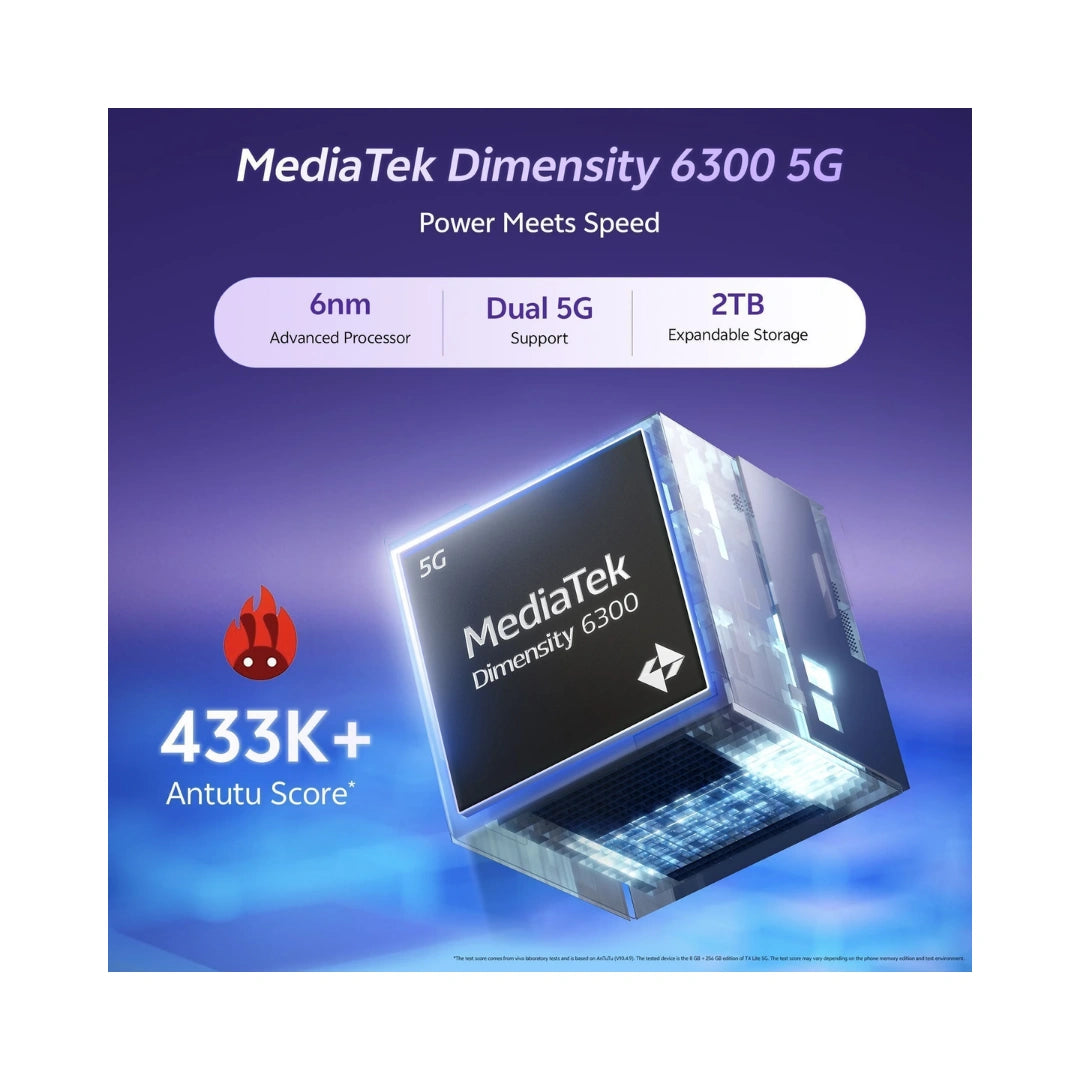 Vivo T4 Lite 5G | 6.74'' HD+ 90Hz LCD | MediaTek Dimensity 6300 | 50MP Dual AI Camera | 5MP Front Camera | Android 14 | 6000mAh Battery | IP64 Dust & Water Resistance