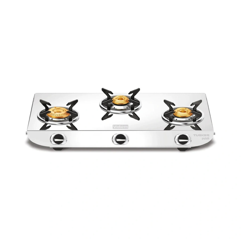 Vidiem Tusker Pulse 3 Burner Gas Stove | Premium High Gloss Stainless Steel Body | High-Efficiency Precision Gas Valves