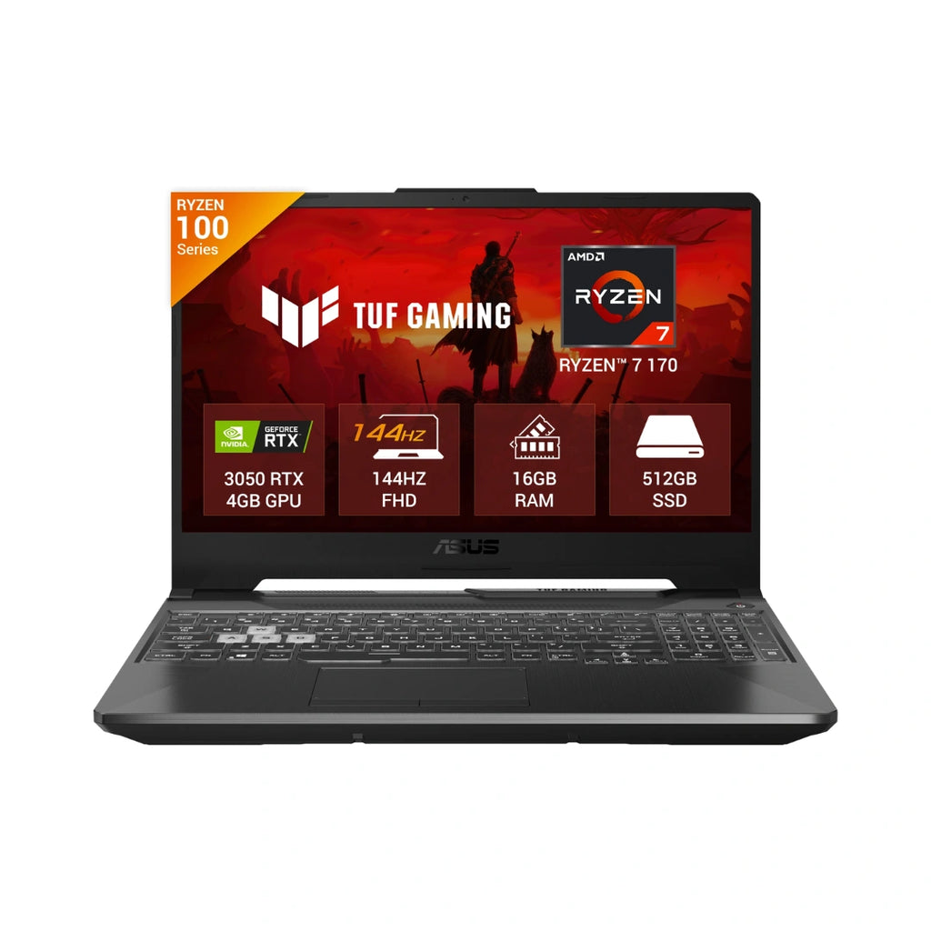 ASUS TUF Gaming A15 | 15.6 inch Display | 16:9 Aspect Ratio | 144Hz Refresh Rate | AMD Ryzen™ 7 170 Processor | 16GB/512GB/SSD | AMD Radeon™ Graphics | 720P HD Web Camera | McAfee® 1 year