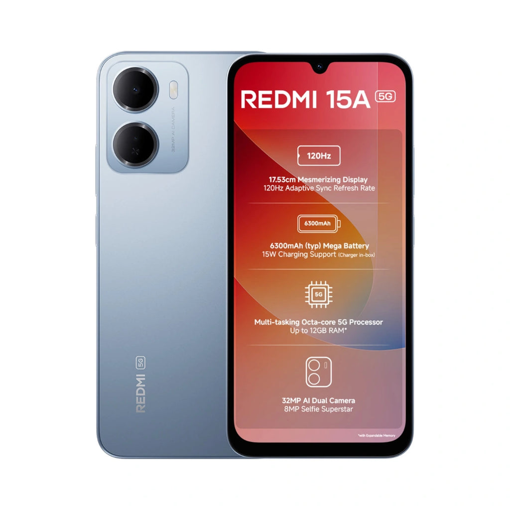 Redmi 15A 5G | 6.9 inches IPS LCD 120Hz Display | Octa-core T8300 5G SOC | 32MP Main Camera | 8MP Front Camera | 6300mAh Battery | IP52 Rating
