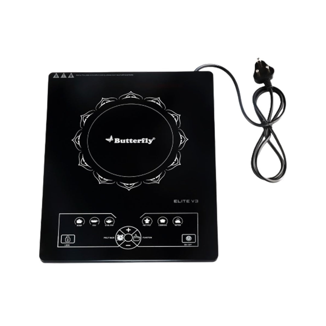 Butterfly Elite V3 Induction Cook Top |  Working Range: Wide | Programmed: Indian Menus |  Cooling Fan specs: 18 V Dc, 2000 PRM | Autometic Voltage Regulator | Pan sensor Technology