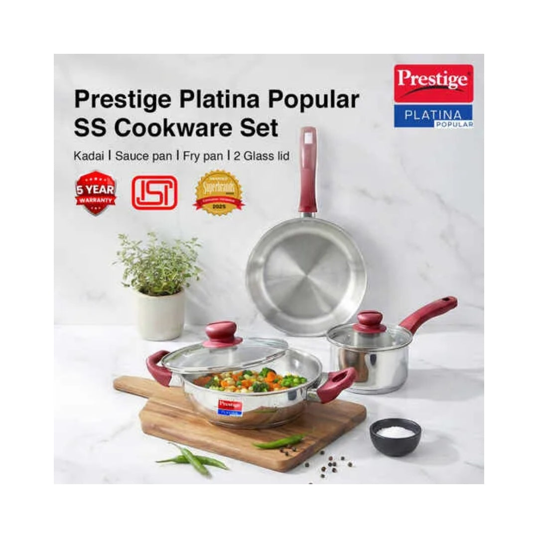 Prestige Platina Popular Stainless Steel 3PCS BYK Set Cookware | Toughened glass lid | Stainless Steel Cookware range |  Soft touch heat resistant Red handles | Unique Forged Bottom ensures faster and even cooking