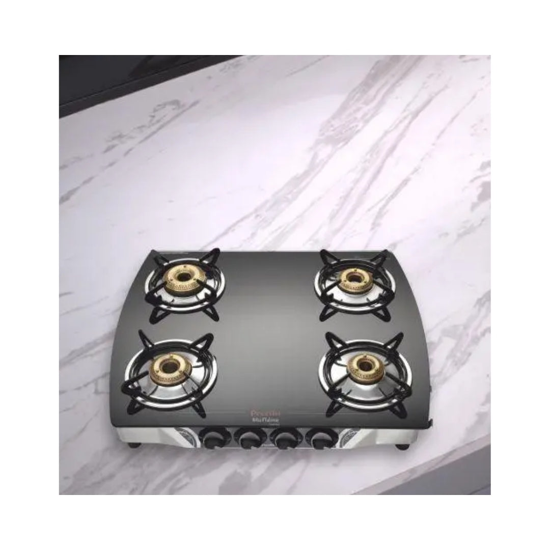 Preethi Jumbo 4B SS Glass Top Gas Stove | Better Spacing Between Burners | Thermally Toughened Glass | Heavy Duty Brass Burner | Removable Drip Tray | ANT Guard Jet