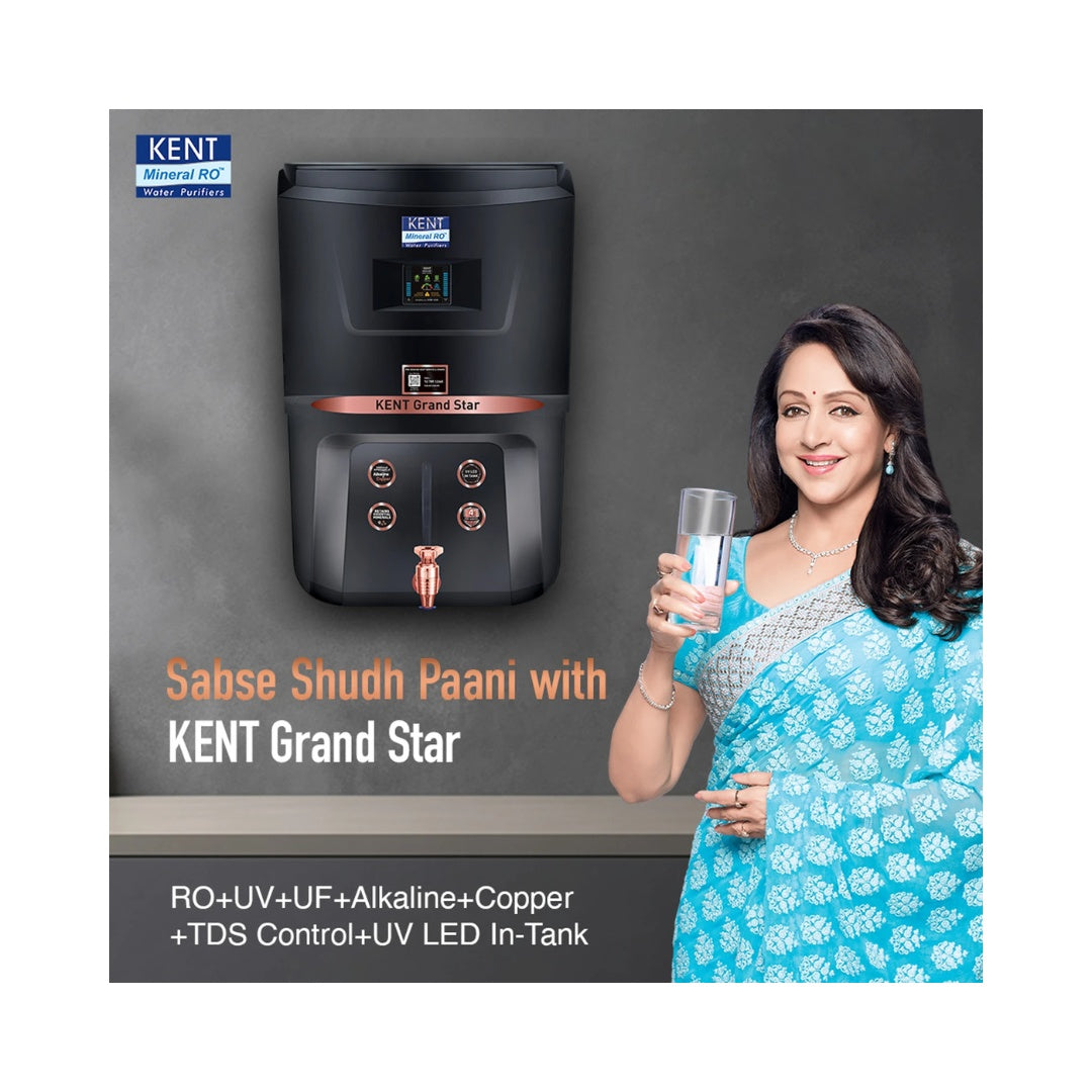 KENT Grand Star Water Purifier 9L Tank |  Purification Process: RO, UV, UF, Alkaline, TDS Control | Filtration Capacity: 20L/hr | Multiple Purification Process, Inline UV, Auto Flush
