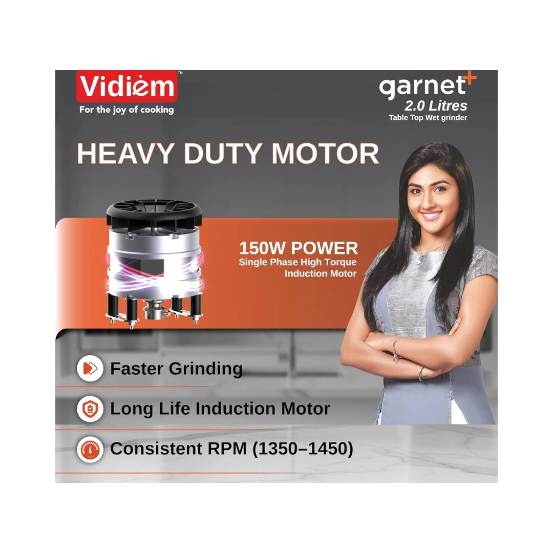 Vidiem Garnet Plus 2 Litre Table Top Wet Grinder | Sturdy High Quality ABS Body |  Anti Slip Belt & Vibration and Noise Free