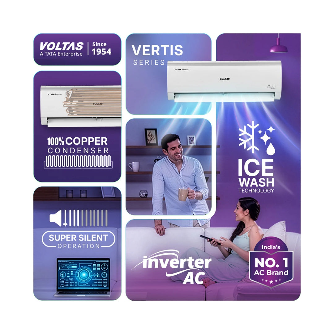 Voltas 1 Ton, 3 Star Split Air Conditioner | Ice Wash Technology | Filter Clean Indicator | Anti Dust Filter with Anti microbial Coating