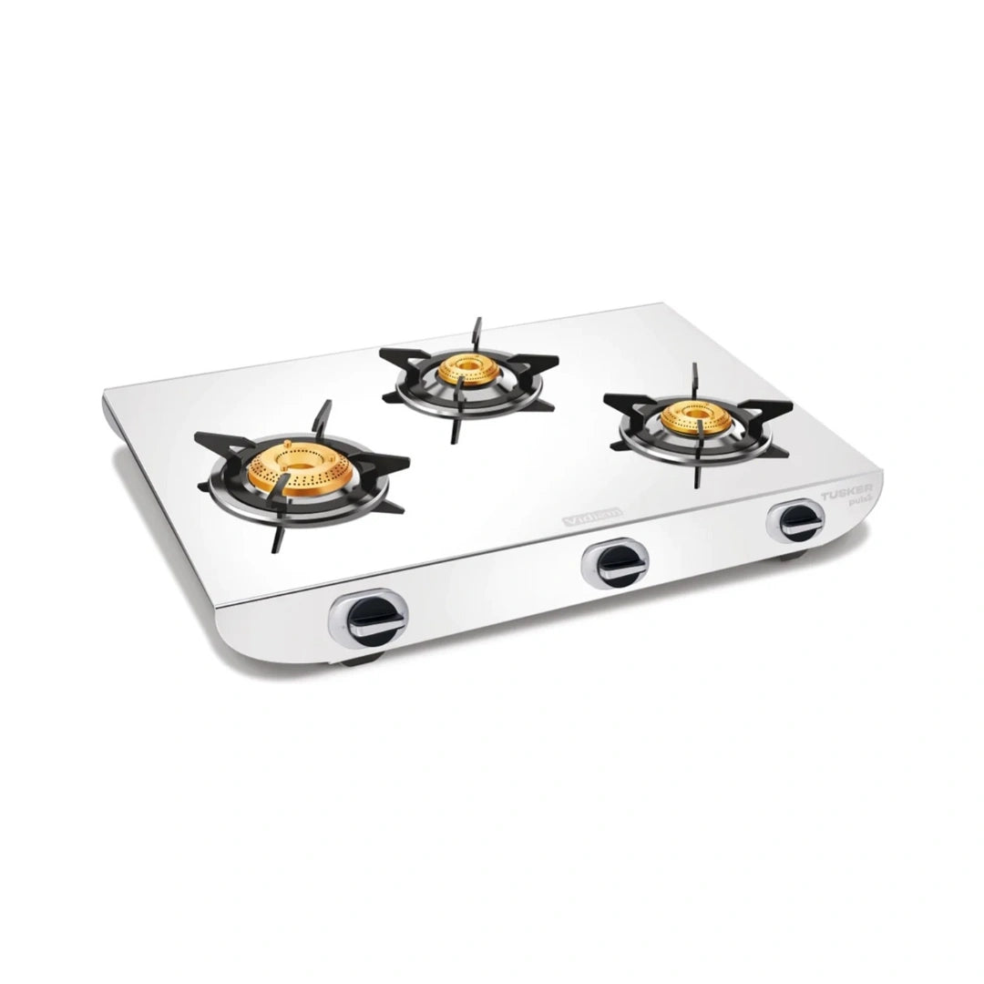 Vidiem Tusker Pulse 3 Burner Gas Stove | Premium High Gloss Stainless Steel Body | High-Efficiency Precision Gas Valves