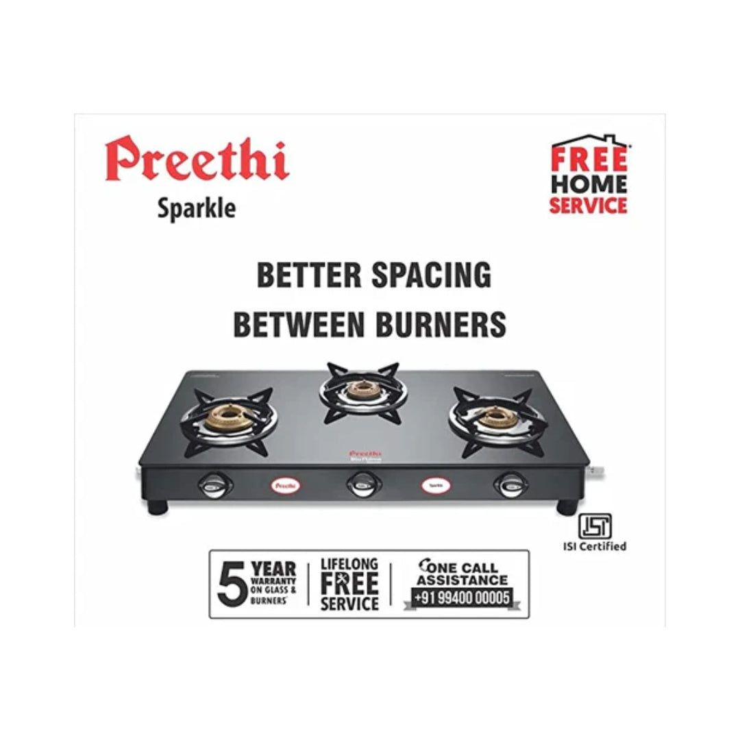 Preethi Blu Flame Sparkle Glass top 3 Burner Gas Stove | Heavy Duty Brass Burners | Tri Pad Mixing Chamber | Thermally Toughened Glass | Removable Drip Tray | ANT Guard Jet | Life Long Free Service