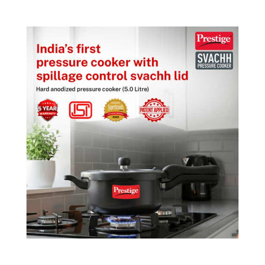 Prestige 5LTR SVACHH HA SENIOR PRESSURE PAN With Deep Lid | Unique Lid Which Controls Spilage | Mini Metallic Safety Plug | Controlled Gasket Release System | Durable Handles | Anti Bulge Induction Base