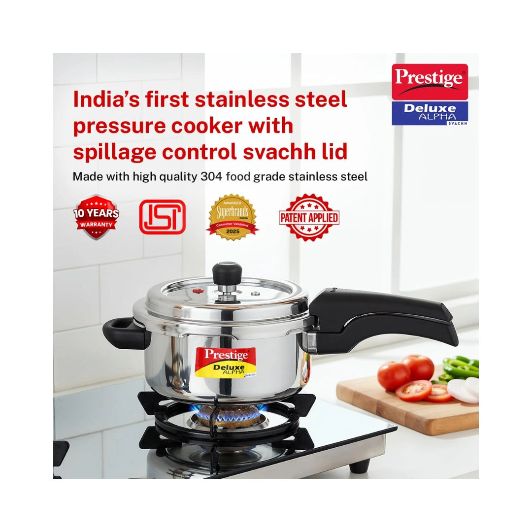Prestige Deluxe Alpha Svachh Stainless Steel Spillage Control Pressure Cooker, 3 L (Silver) | Gas Stovetop Compatible, | Induction Compatible Base