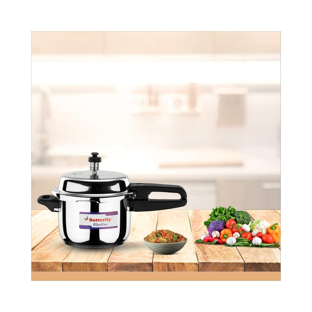 Butterfly 3 Litre Blue Line Stainless Steel Pressure Cooker | Made of: Stainless Steel | With Induction Bottom | Lid Type: Outer Lid