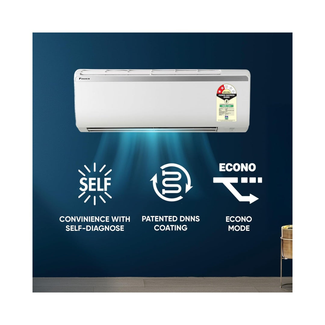 Daikin 1.5 Ton 2 Star, Fixed Speed Non-Inverters Split AC | Power Chill & Power Airflow Dual Flaps | DNNS Self Heal & Self Diagnosis | Energy-Efficient Performance
