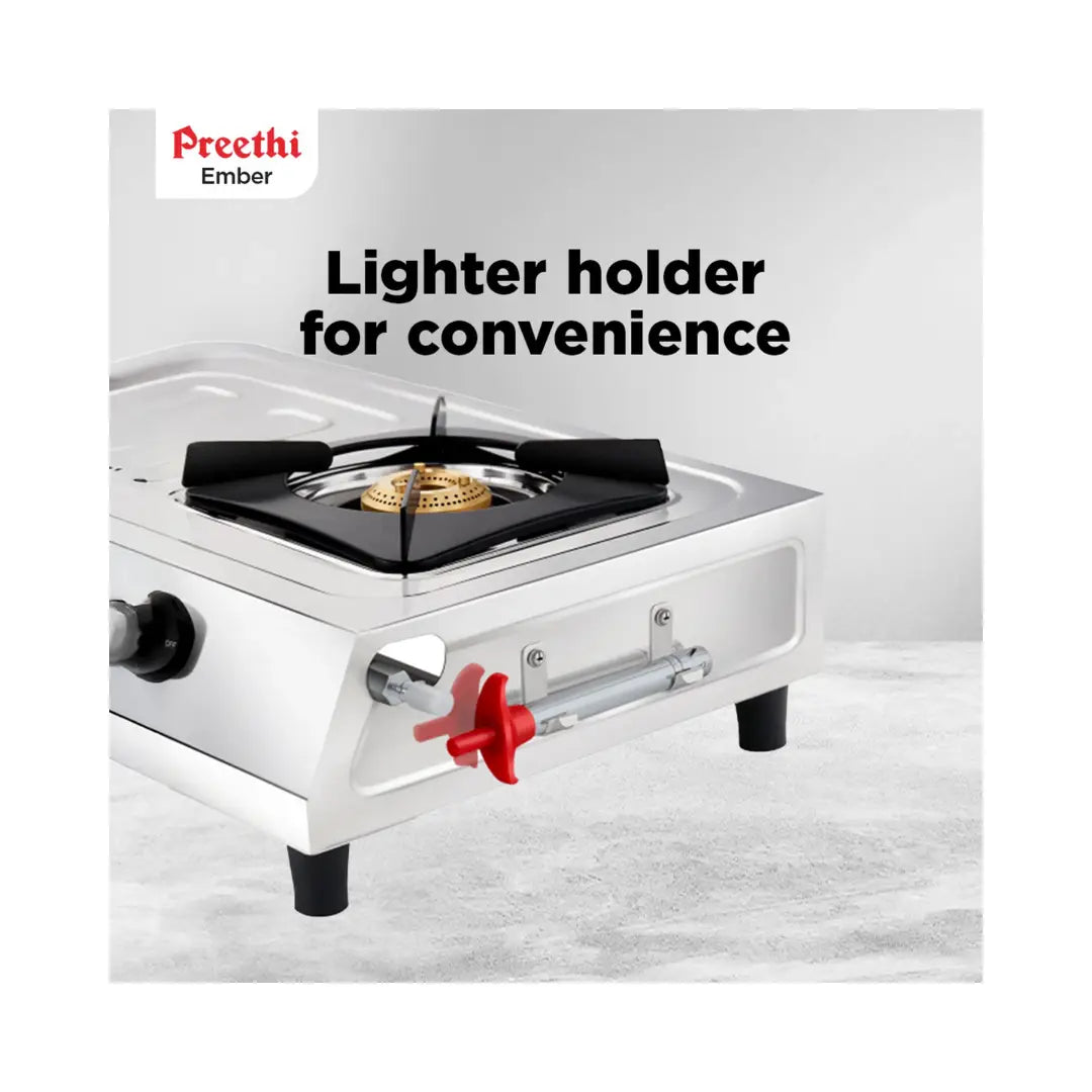 Preethi Ember Stainless Steel 3-Burner Gas Stove | Heavy Duty Brass Burners | Lighter Holder | Heavy Metal Frame Body