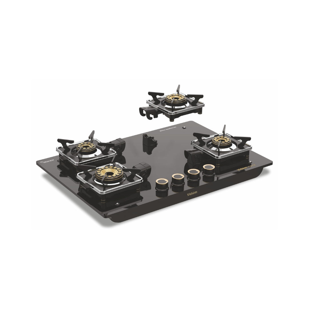 VIDIEM VOGUE 4B HOB Gas Cooktop | World's First Fully Removable Burner Assembly| 10MM Toughened Glass | Hexa Flame Forged Brass Burners | Manual Ignition