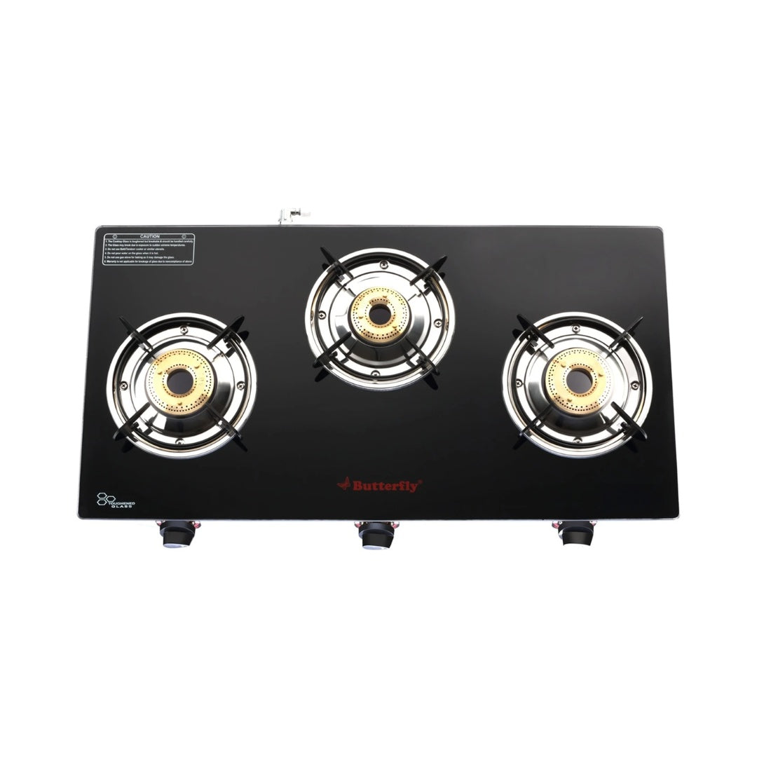 Butterfly Trio 3 Burner Glass Manual Gas Stove | Brass Burner |  Type - Manual Gas Stove | Body Material - Glass
