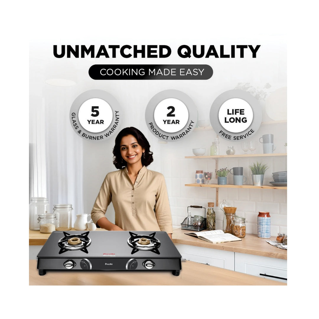 Preethi Blu Flame Gleam Glass Top 2-Burner Manual Gas Stove