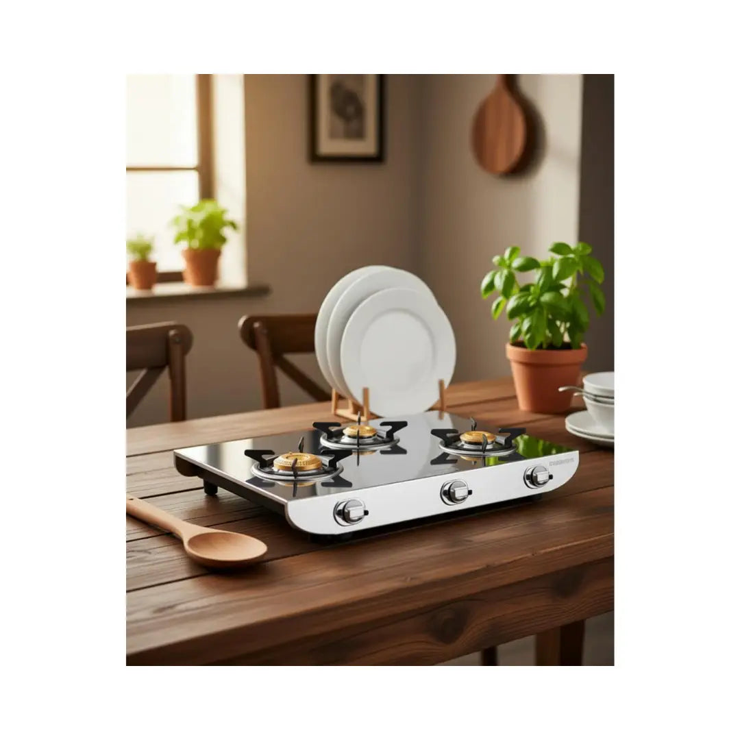 Vidiem 3B Stainless Steel Tusker Gas Stove | Dura Forged Brass Burners | Heavy Duty Brass Burners | Widely Spaced Burners | Extra Large Cooking Surface