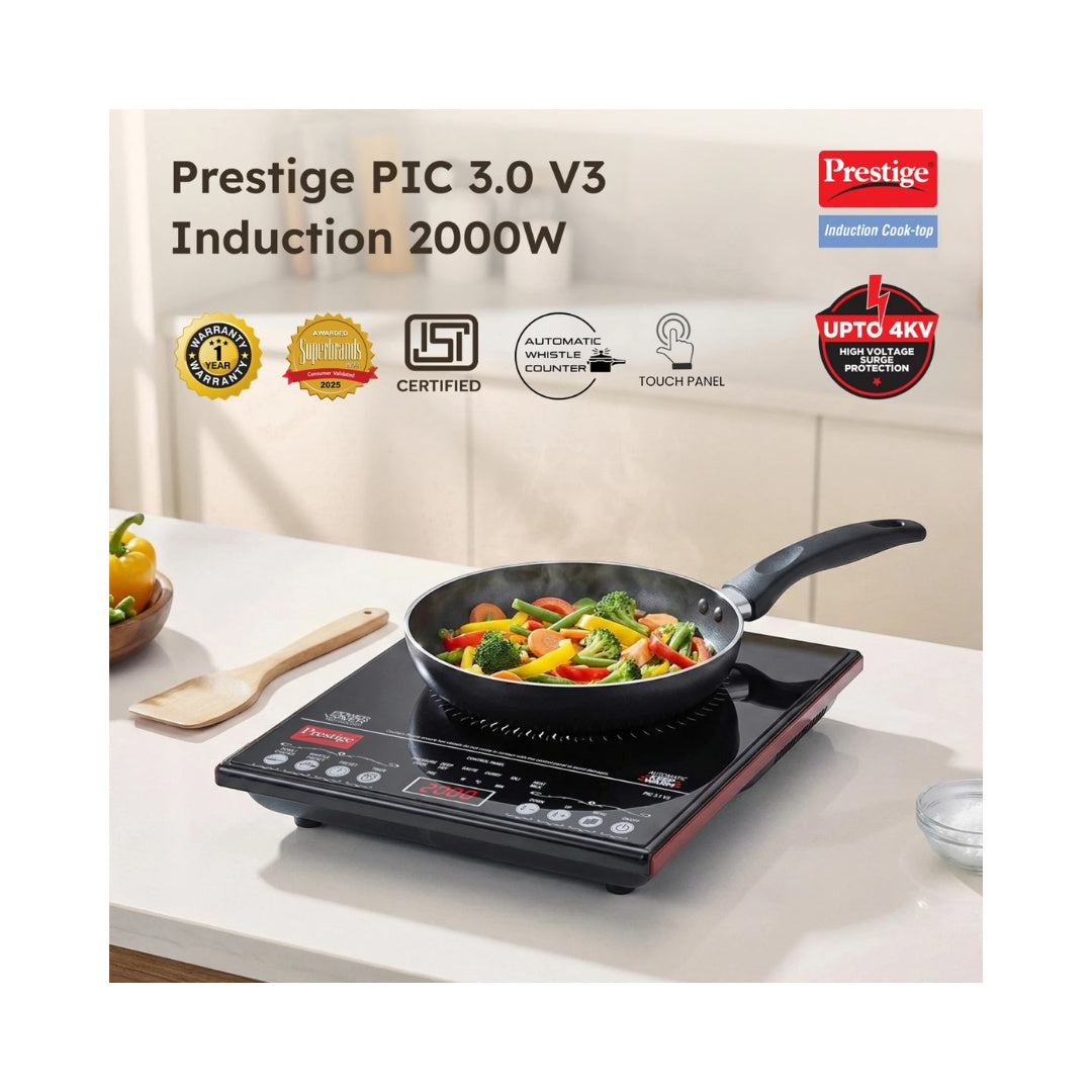 Prestige PIC 3.1 v3 Induction | 2000 Watts Power |  Slim Bodu Elegant Design | Indian Menu Options | Automatic Voltage Regulator | Anti-Magnetic Wall | Automatic Whistle Count