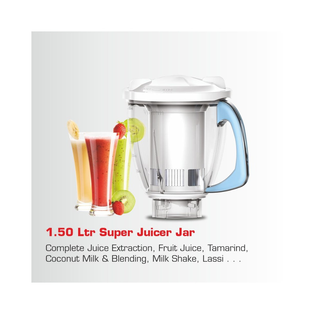Vidiem Eva Super Blu 750W Mixer Grinder | Balanced Vortex Flow SS 304 Blades | Powerful 750W Aria Cool Tec Motor | Quadra Flow Technology | Self-Locking Jars with Secure Mating