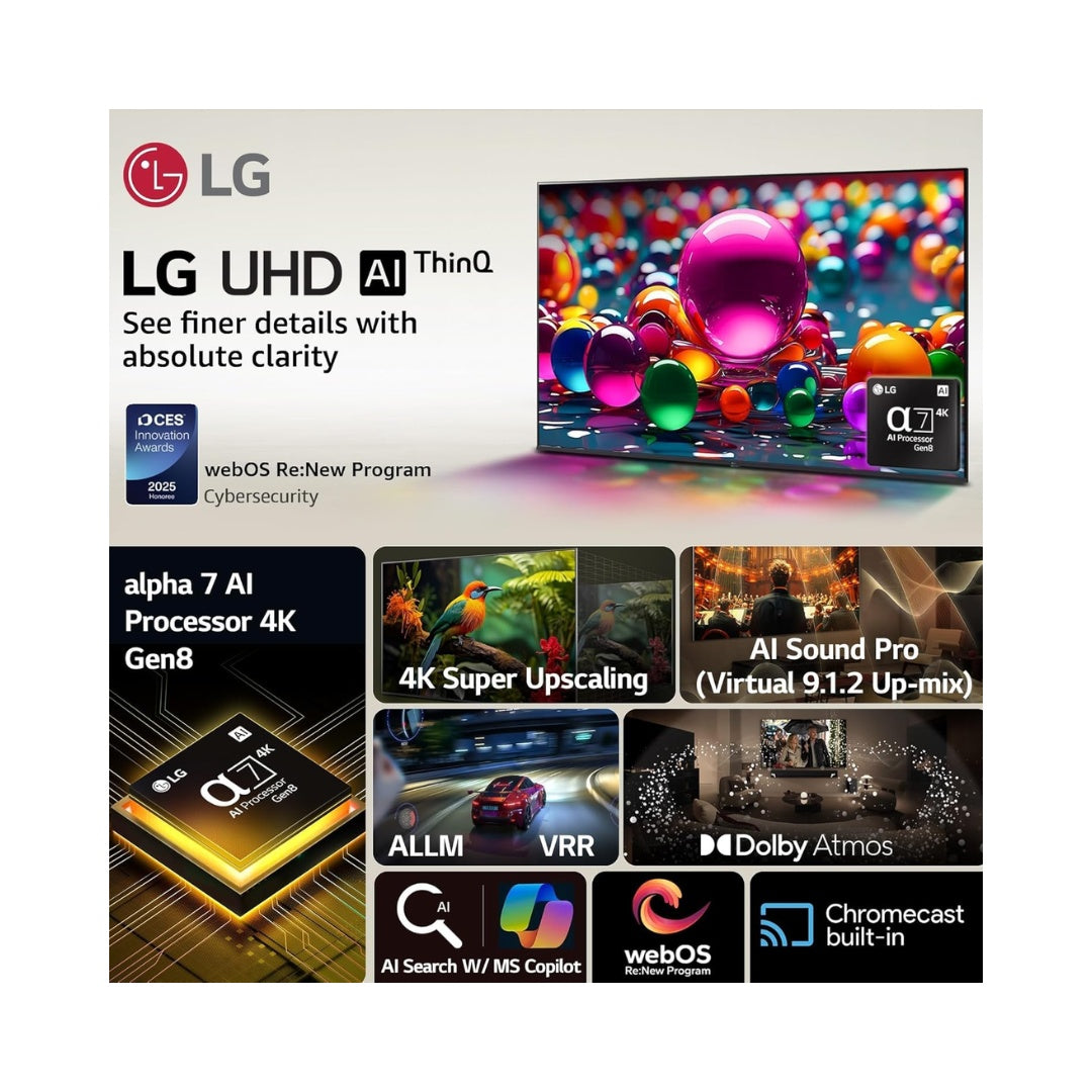 LG 109 cm (43 Inches) 4K UHD Smart TV | WebOS 24 | HDR10 Pro Support | α7 AI Processor 4K Gen8 Powerful Processor | AI Sound Pro |  Dolby Atmos