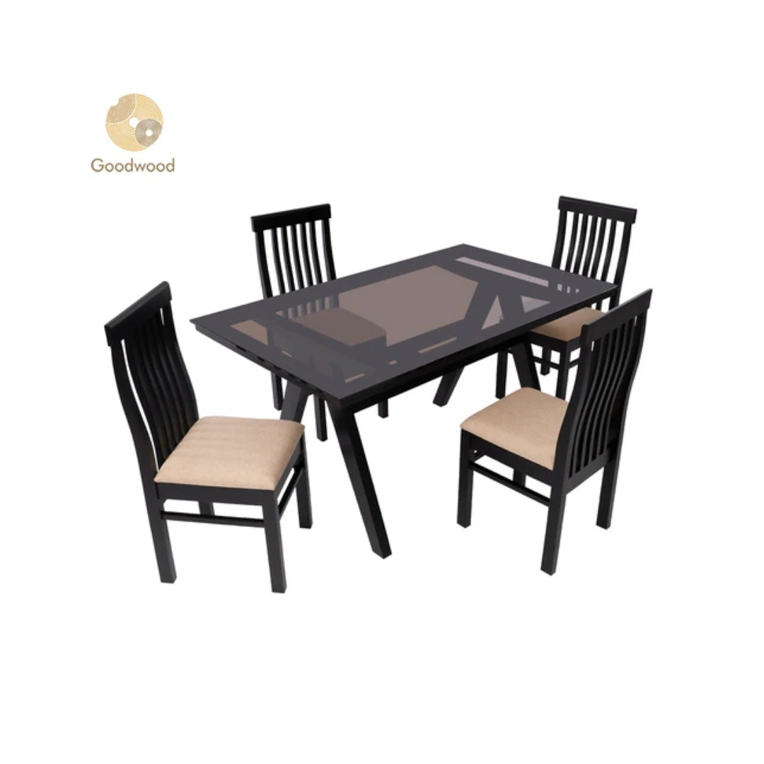 Goodwood Silcy 1+4 TW 4 Seater Dining Table Set | Rubber Wood | Table Top Material: Glass Top |