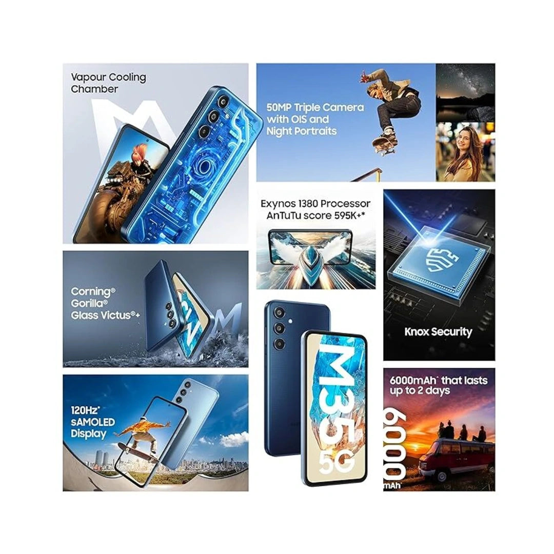Samsung Galaxy M35 5G | Corning Gorilla Glass Victus+| AnTuTu Score 595K+ | Vapour Cooling Chamber | 6000mAh Battery | 120Hz Super AMOLED Display | 50MP Triple Camera | 13MP Front Camera