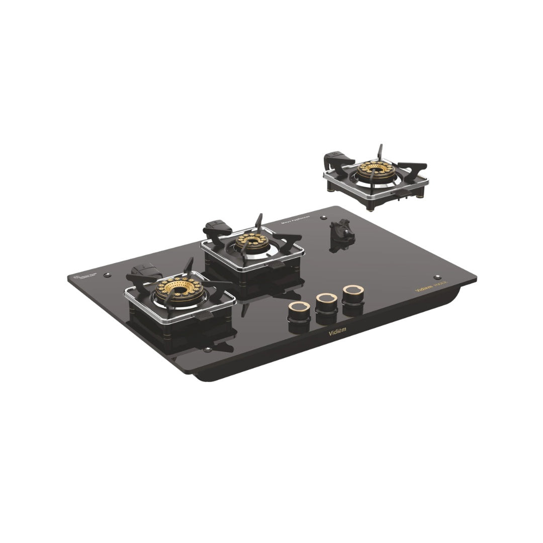 VIDIEM VOGUE 3B HOB Gas Cooktop | World's First Fully Removable Burner Assembly | 10MM Toughened Glass |  Hexa Flame Forged Brass Burners |