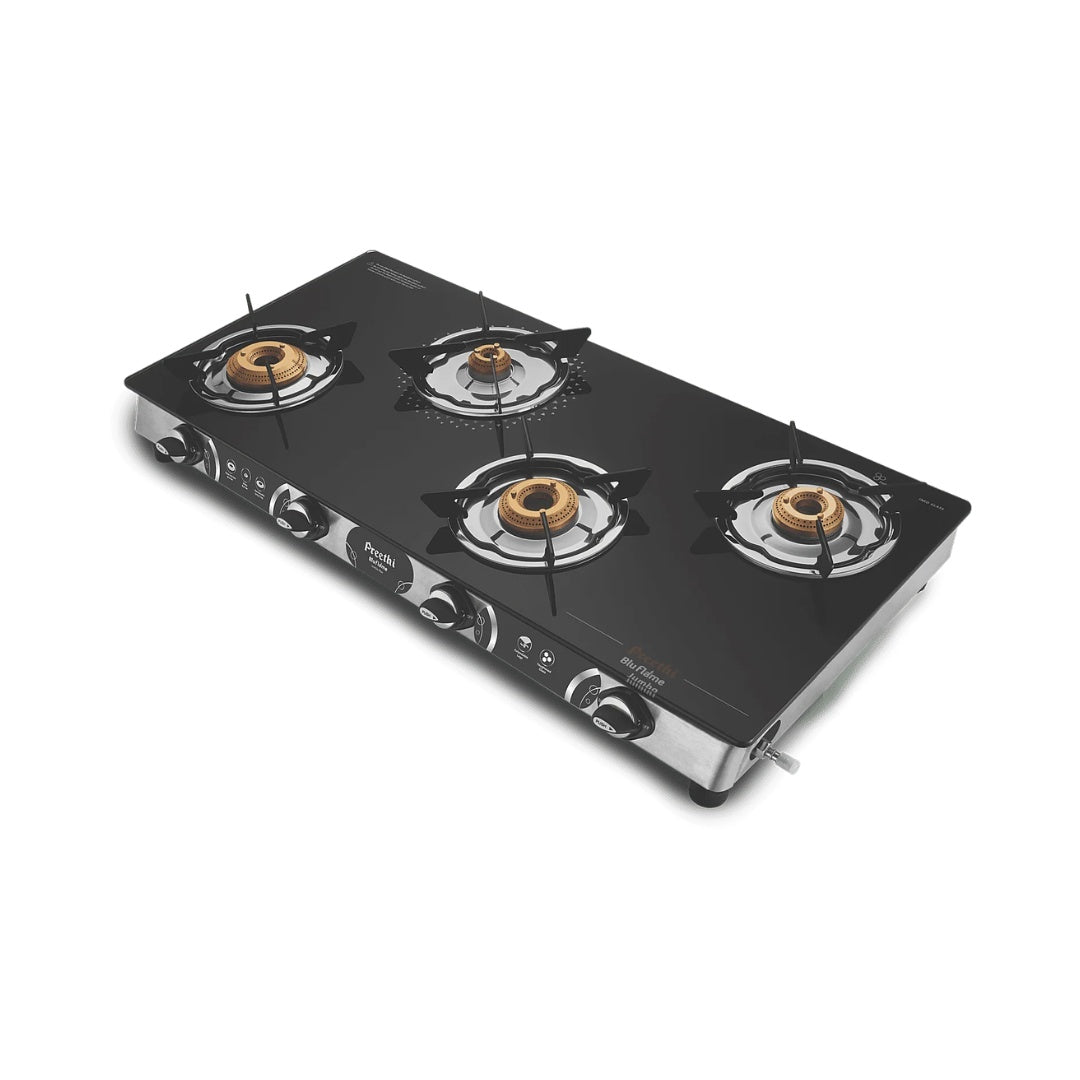 Preethi Blu-Flame Jumbo Max Glass Top Gas Stove with 4 Burner | 69+% Thermal Efficiency | 8mm thick thermally toughened glass | Heavy Duty Brass Burner | Tripad Mixing chamber