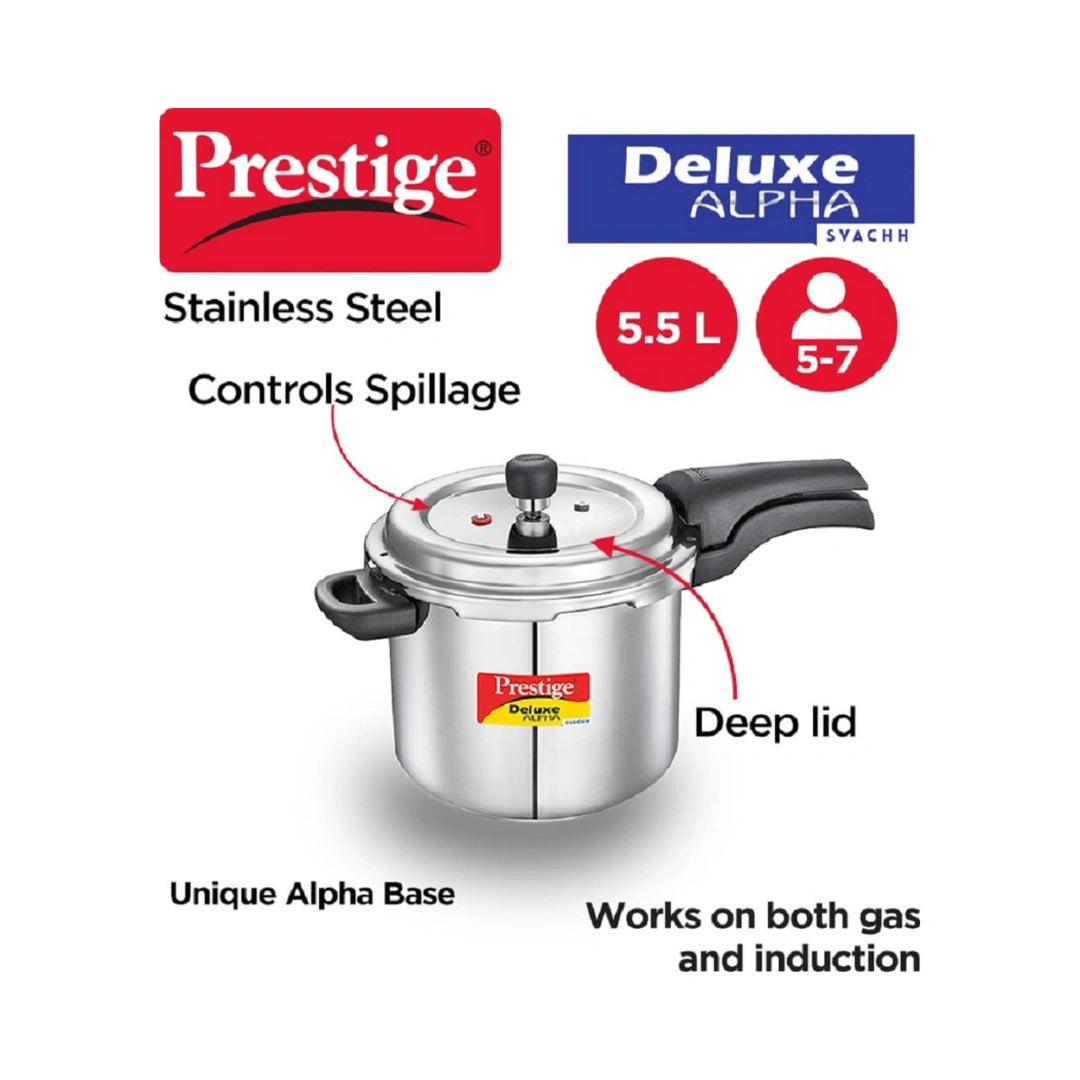 Prestige Svachh Deluxe Alpha 5.5 Litre Stainless Steel Outer Lid Pressure Cooker | Unique Pressure Indicator | Controlled Gasket-Release System