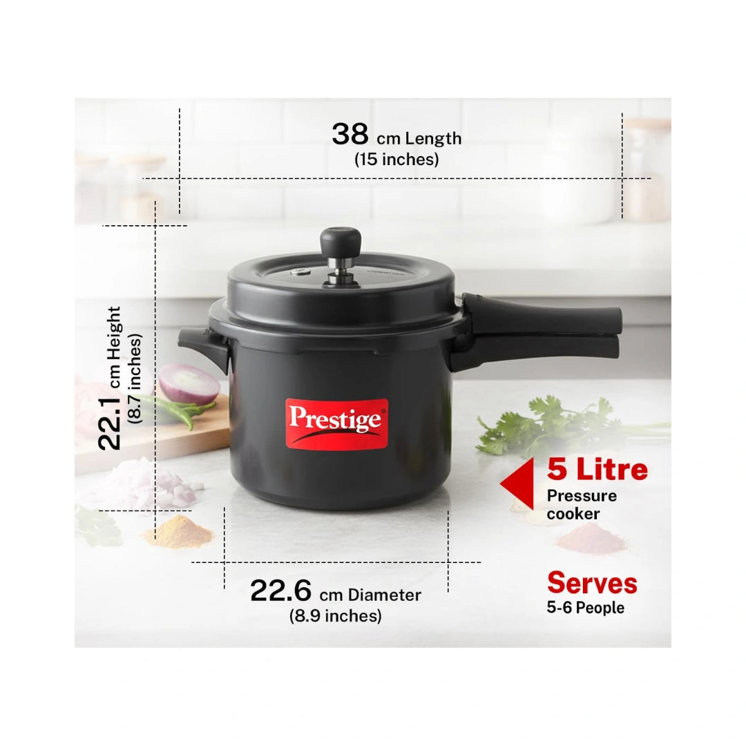 Prestige Svachh 5 Litre Pressure Cooker with hard anodized Body (Black) | Metallic Safety Plug  | Gasket— Release System