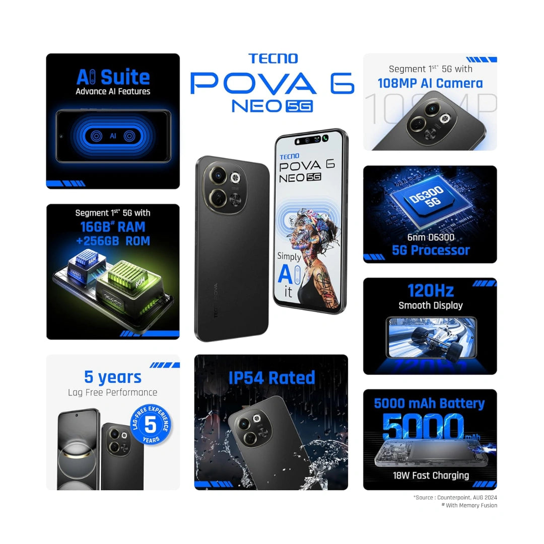 Tecno POVA 6 NEO 5G  | Advanced AI Features | 108MP Ultra Clear AI Camera | D6300 Powerful Processor | 5 Year Lag Free Fluency | 5000 mAh Battery | in Built Infrared and NFC