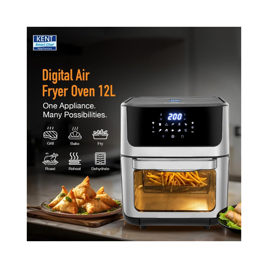 KENT Digital Air Fryer Oven 12L | 10 Preset Menus Bake, Grill & Roast | Digital Display & Touch Control Panel | Dehydration & Rotisserie Function