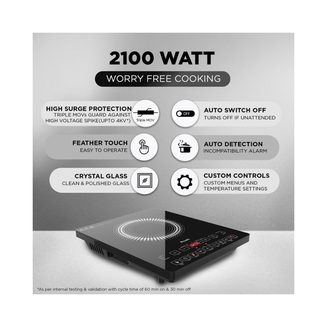 Preethi Indicook IC125 2100-Watt Induction | Sustains high voltage variation | 11 Pre-set Menus | Feather Touch Operation | Clean & Polished Crystal Glass | Customized menu & temperature selection