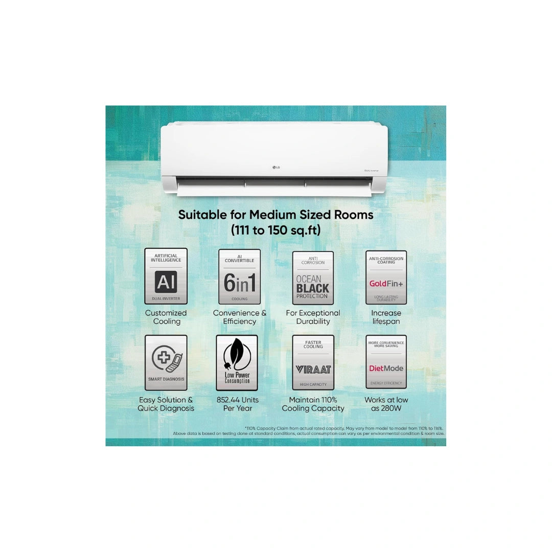 LG 1.5 Ton 3 Star AI Convertible 6 in 1 DUAL Inverter Split AC |  Artificial Intelligency cooling mode