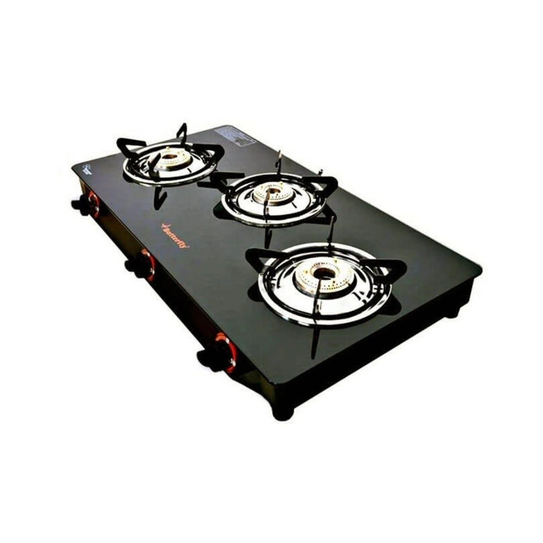 Butterfly Trio 3 Burner Glass Manual Gas Stove | Brass Burner |  Type - Manual Gas Stove | Body Material - Glass