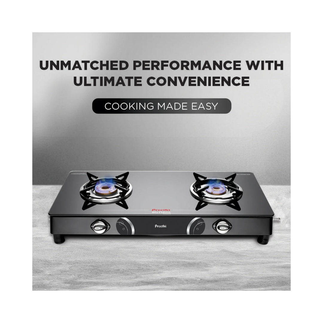 Preethi Blu Flame Gleam Glass Top 2-Burner Manual Gas Stove