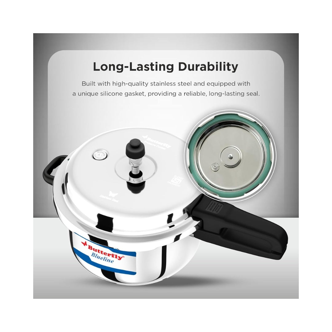 Butterfly 3 Litre Blue Line Stainless Steel Pressure Cooker | Made of: Stainless Steel | With Induction Bottom | Lid Type: Outer Lid