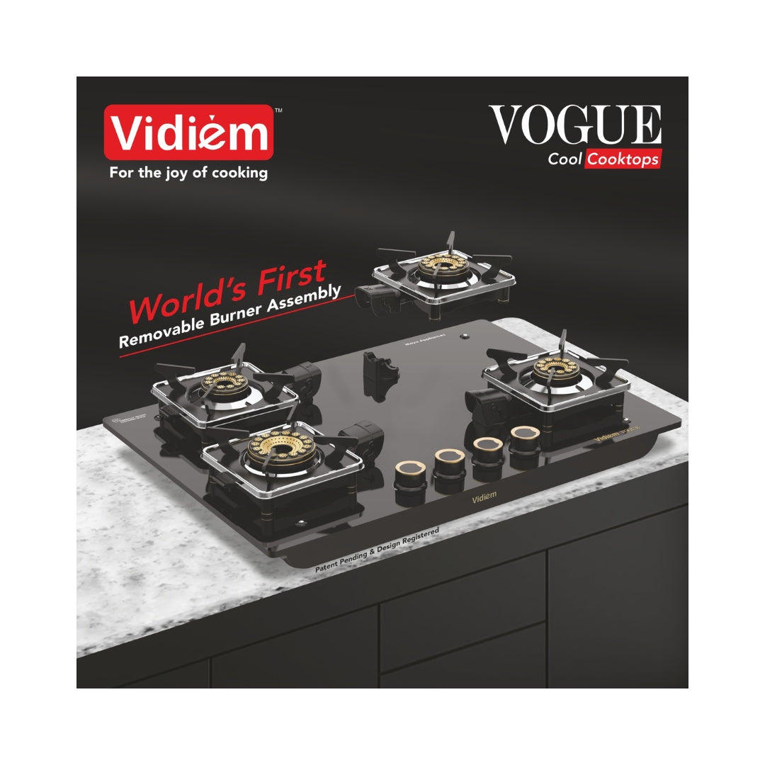 VIDIEM VOGUE 4B HOB Gas Cooktop | World's First Fully Removable Burner Assembly| 10MM Toughened Glass | Hexa Flame Forged Brass Burners | Manual Ignition