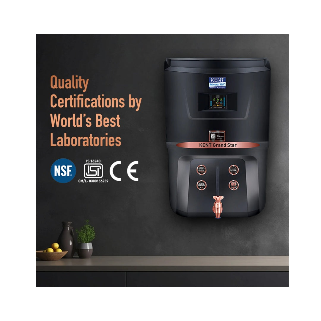 KENT Grand Star Water Purifier 9L Tank |  Purification Process: RO, UV, UF, Alkaline, TDS Control | Filtration Capacity: 20L/hr | Multiple Purification Process, Inline UV, Auto Flush