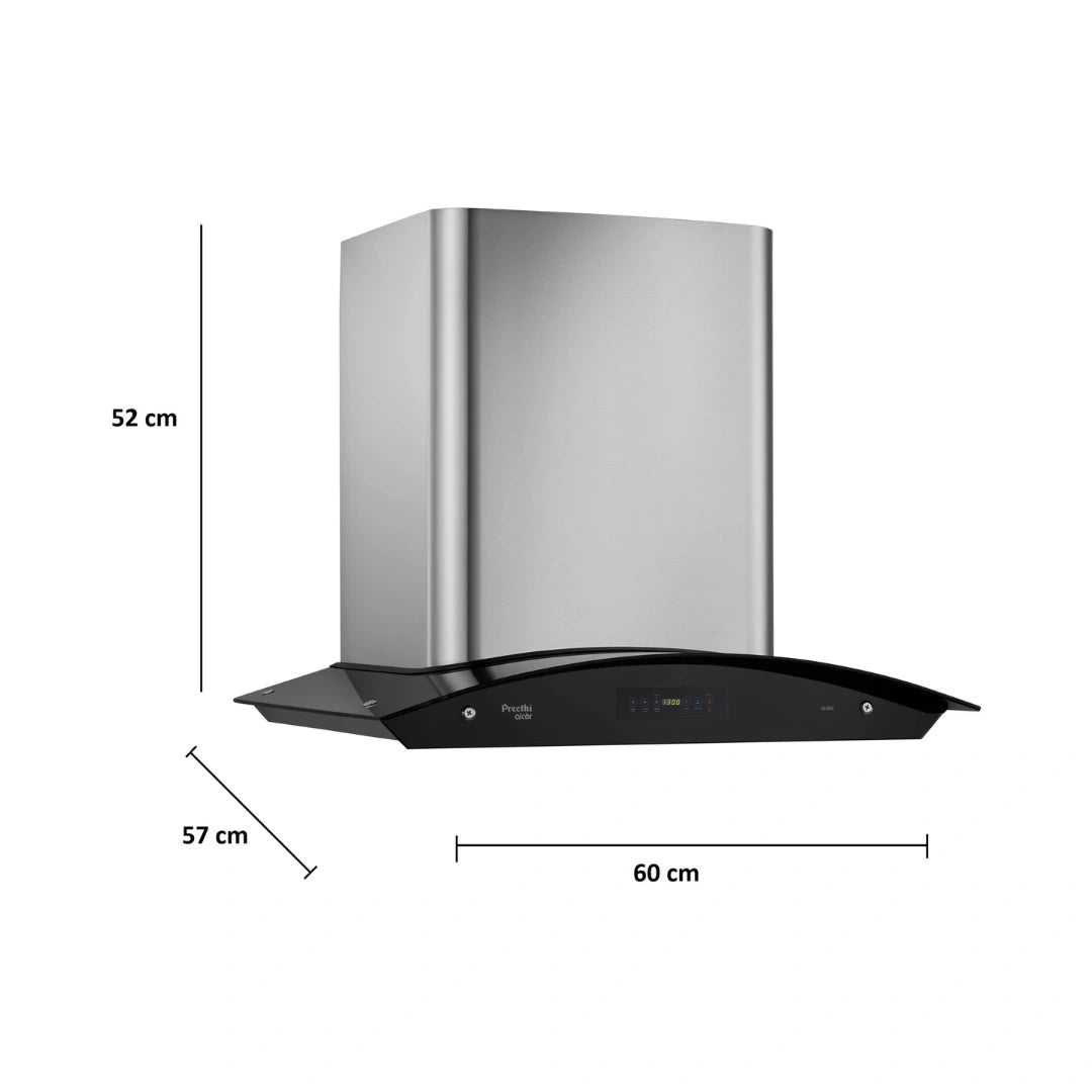 Preethi Chimney Aluminium Duct | Stainless Steel Curved Glass | Feather Touch Timer Function | Filter Cleaning Indicator