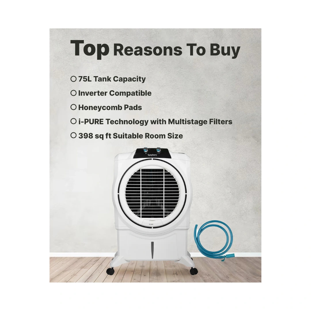 Symphony Desert Air Cooler For Home | Honeycomb Pads | Powerful +Air Fan | i-Pure Console | Low Power Consumption