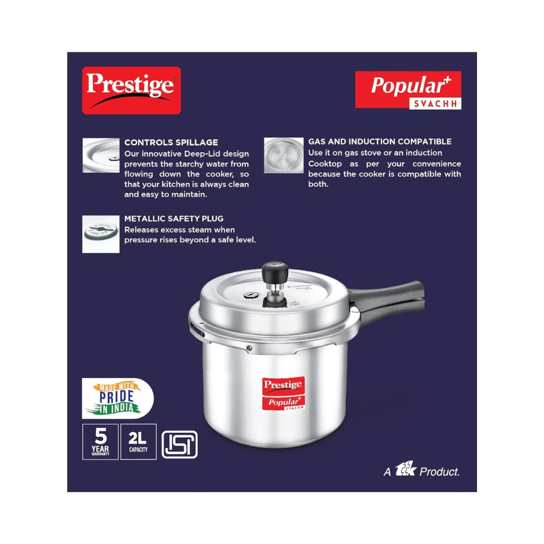 ‎ Prestige 2LTR POP PLUS ALU OUTER SVACHH LID Outer Lid Pressure Cooker | Deep Lid- Controls Spillage | Metallic Safety Plug | Controlled Gasket-release System | Highest Safety- ISI Certified