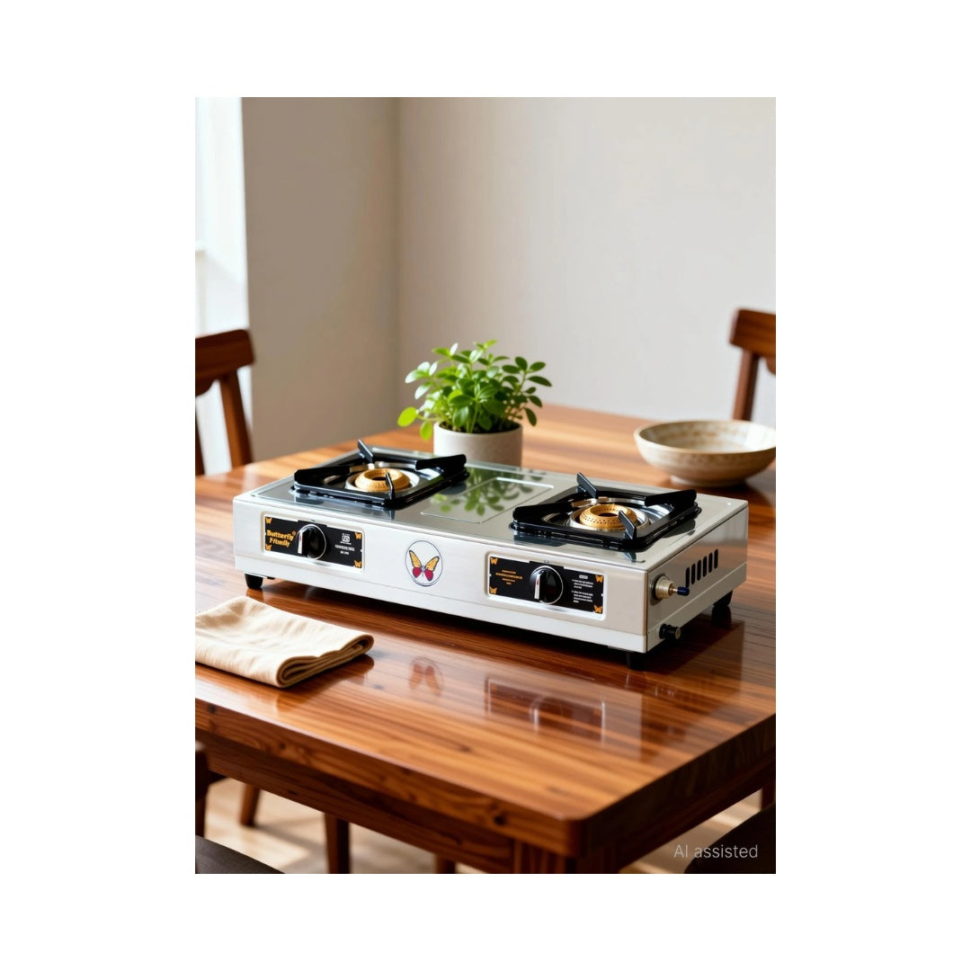 Butterfly Friendly 2B Stainless Steel Manual Gas Stove | High thermal efficiency Brass Burner | Aesthetically designed heavy gauge SS Body |  Easy gas flow |  Rust free pan stand