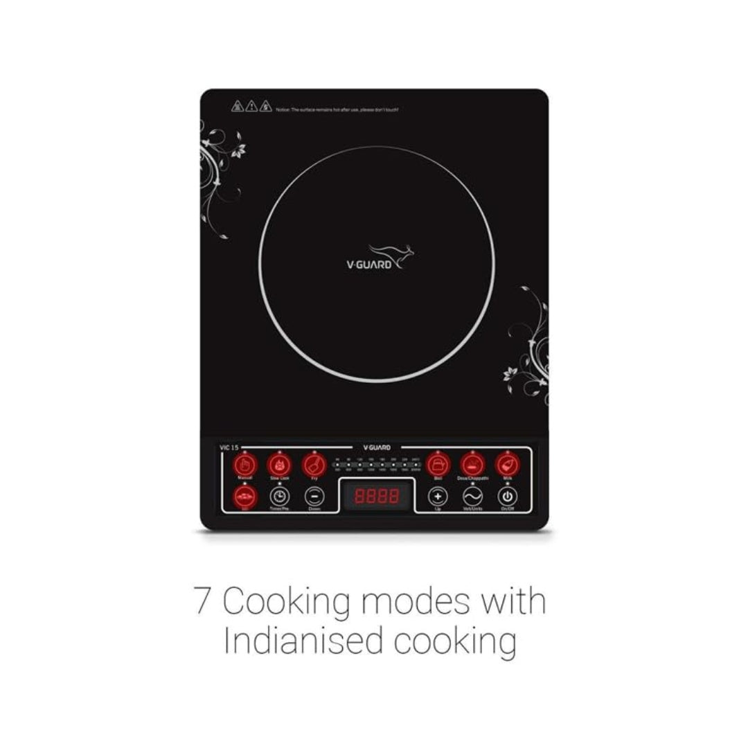 V-Guard Induction | Rapid and energy-efficient heating | Feather Touch Controls | 8 Preset Cooking Modes | High/Low Voltage Protection
