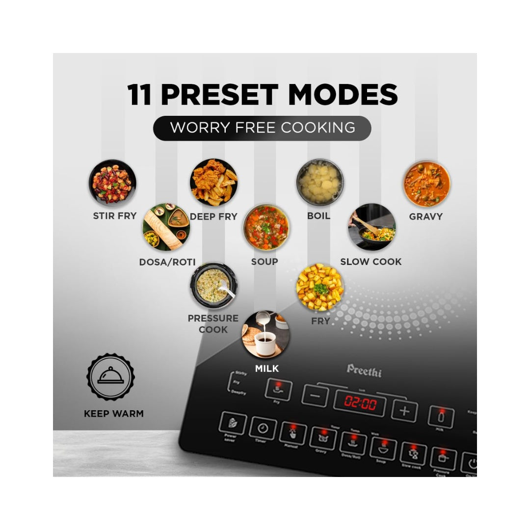 Preethi Indicook IC125 2100-Watt Induction | Sustains high voltage variation | 11 Pre-set Menus | Feather Touch Operation | Clean & Polished Crystal Glass | Customized menu & temperature selection