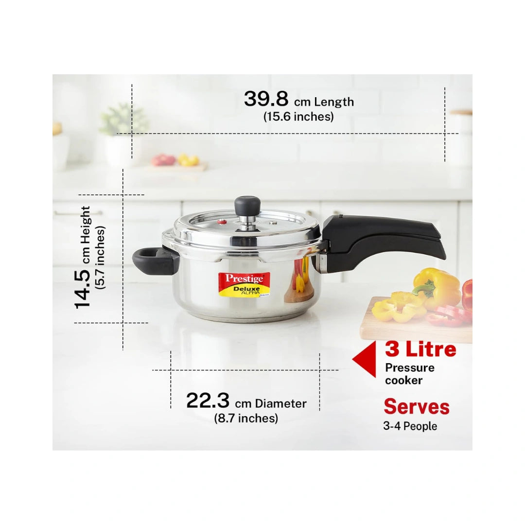 Prestige Deluxe Alpha Svachh Stainless Steel Spillage Control Pressure Cooker, 3 L (Silver) | Gas Stovetop Compatible, | Induction Compatible Base