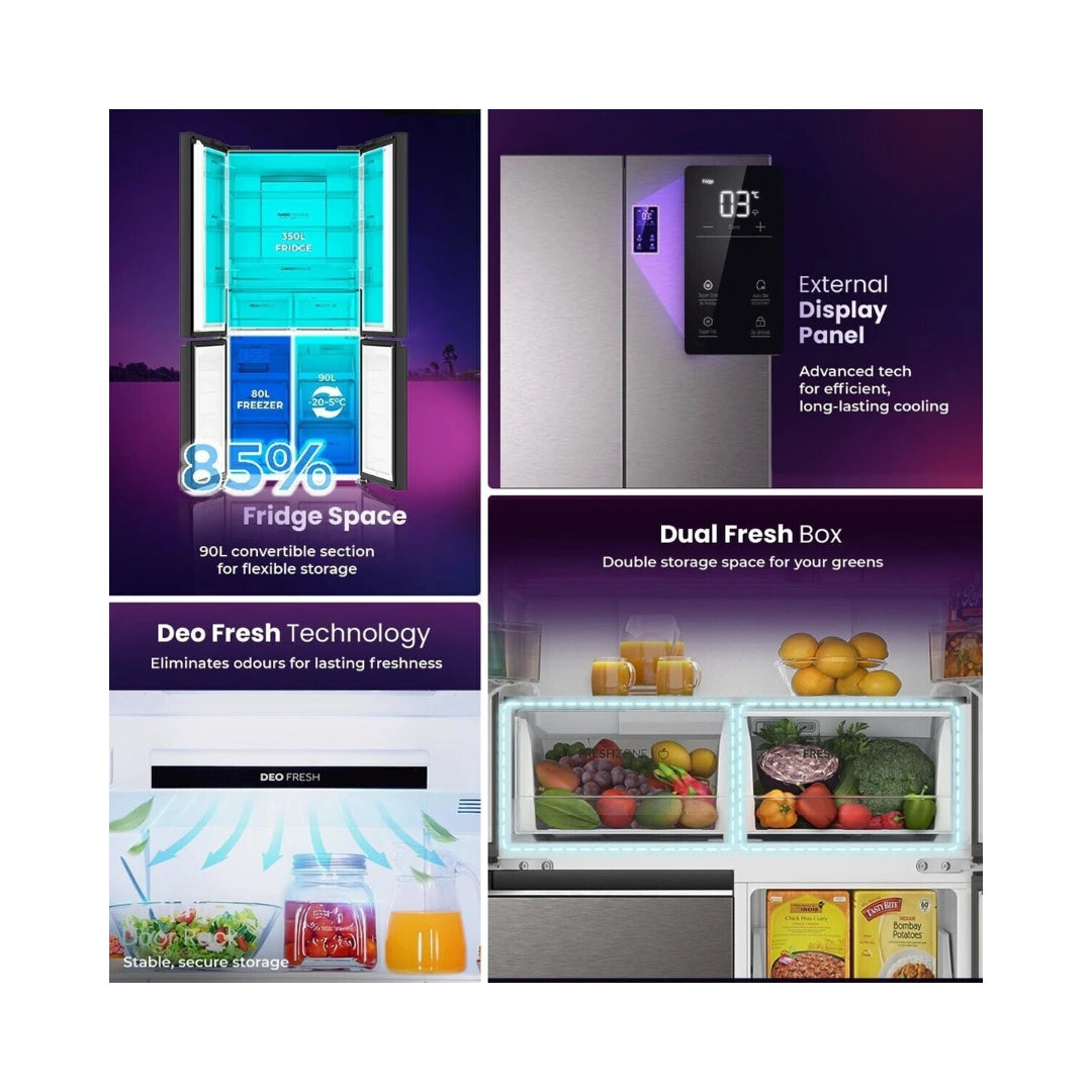 Haier | 520L Inox Steel | 4 Door Side by Side Refrigerator | Magic Cooling | Convertible 85% Fridge Space | Deo Fresh Technology | Organizes Storage Spacious Capacity